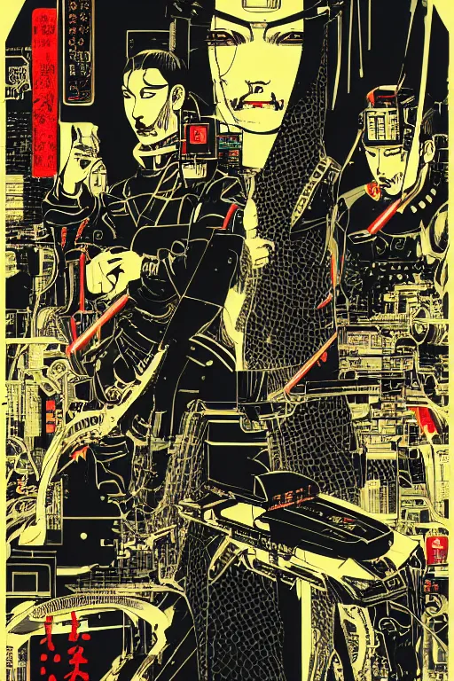 Image similar to futuristic japanese cyberpunk bladerunner silk screen by utagawa yoshiiku, ohara koson, pixiv contest winner, cyberpunk style, cyberpunk color scheme, mechanical, robotic, human machine interface, high resolution, hd, bold clear lines