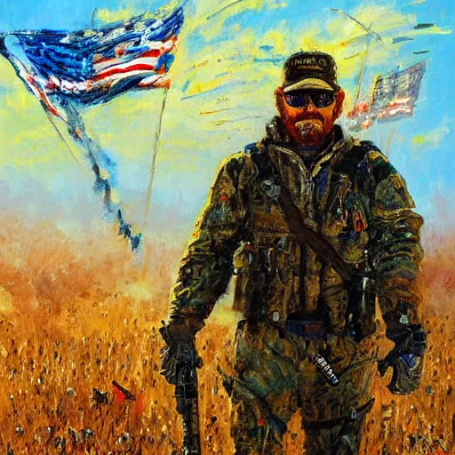 Image similar to chris kyle by leroy neiman, intricate, ultra detailed painting, atmospheric lighting, golden hour