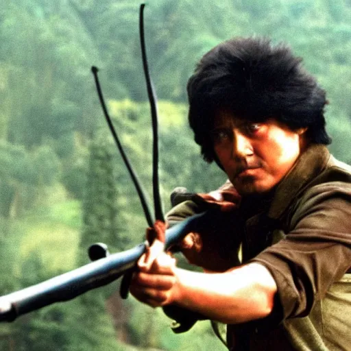 Prompt: a still of Kim Jong-il disguised as John Rambo holding a bow in Rambo First Blood, 35mm film, classic iconic Rambo pose