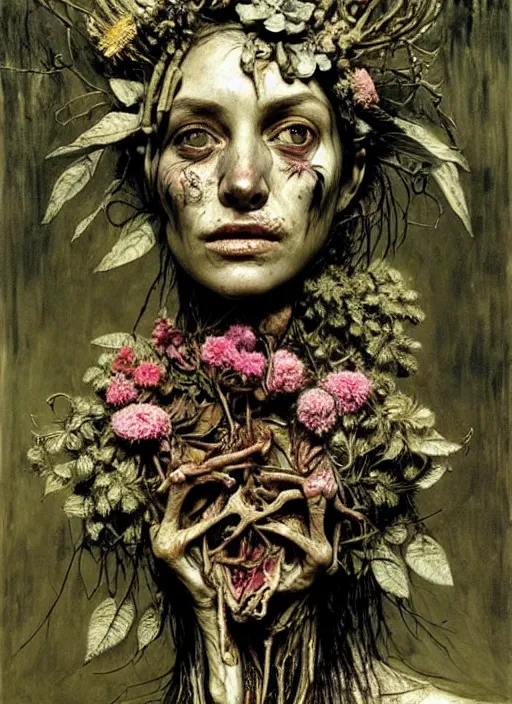 Prompt: beautiful and detailed rotten woman made of plants and many different types of flowers, muscles, intricate, organs, ornate, surreal, john constable, guy denning, dan hillier, sorolla