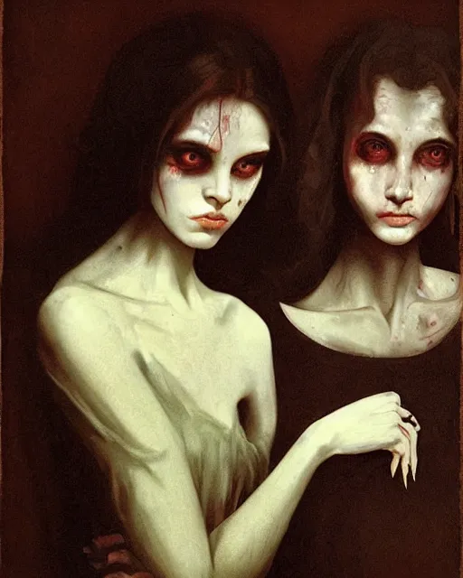 Image similar to a beautiful and eerie baroque painting of two beautiful but creepy siblings in layers of fear, with haunted eyes and dark hair, 1 9 7 0 s, seventies, wallpaper, a little blood, morning light showing injuries, delicate embellishments, painterly, offset printing technique, by brom, robert henri, walter popp