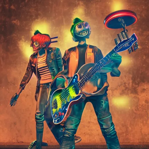 Prompt: merchandise tshirt art of a fictive rockband with 3 dieselpunk robots playing guitar, 8 k, flourescent colors, halluzinogenic, multicolored, exaggerated detailed, front shot, 3 d render, octane