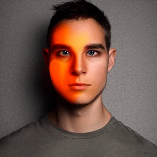 Image similar to a male model with glowing fire eyes, frontal view, cool looking