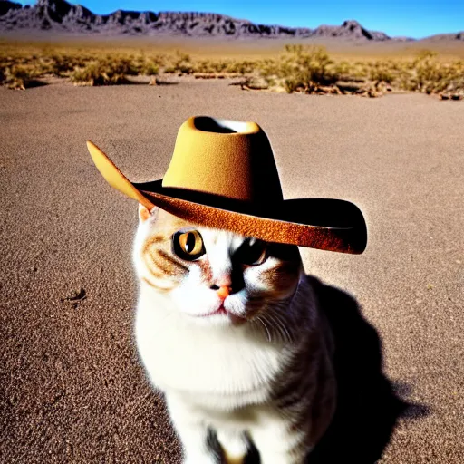 Image similar to a photo of scottish fold cat wearing cowboy hat, posing in the deserted us desert ghost town