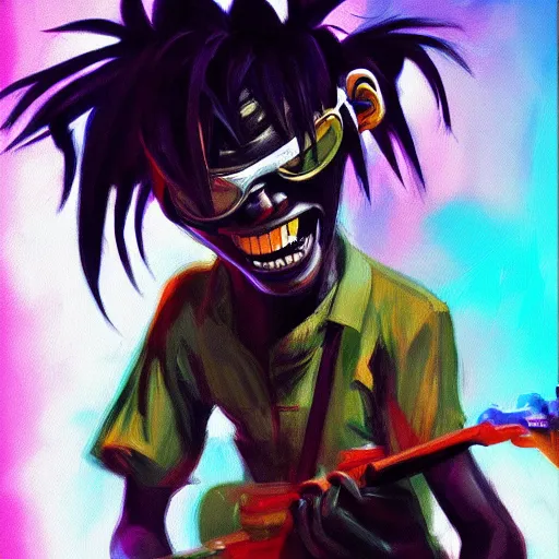 Prompt: high quality high detail painting of gorillaz noodle by ashley wood, hd, photorealistic lighting, vivid colors