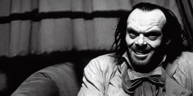 Prompt: photorealistic cinematography of the character jack torrance from stanley kubrick's 1 9 8 0 film the shining sitting at the overlook hotel's gold ballroom bar laughing right at the camera shot on 3 5 mm 5 2 4 7 film by the shining cinematographer john alcott on a 1 8 mm cooke panchro lens.