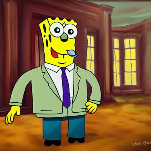 Image similar to spongebob in the mafia, dramatic lighting, realistic painting