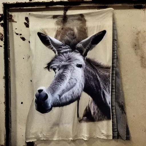 Image similar to “photo of a ripped, filthy dirty off-white t-shirt with the picture of a donkey on it, hanging on a dirty concrete wall in a dark room with the floor covered in trash and garbage. Flash photo.Cursed image.”