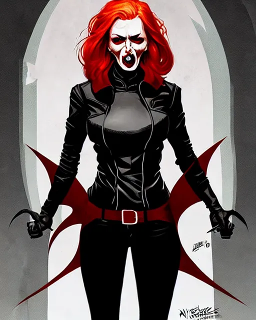 Image similar to rafael albuquerque comic art, peter mohrbacher, steve niles, artgerm, pretty scarlett johansson vampire sharp vampire teeth open mouth, symmetrical eyes, black leather jacket, jeans, long blonde hair, full body