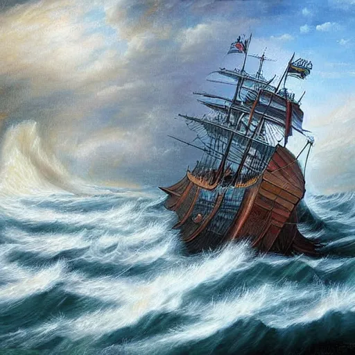 Image similar to sea storm, vortex, epic painting, wooden ship, highly detailed, hd, deep colors