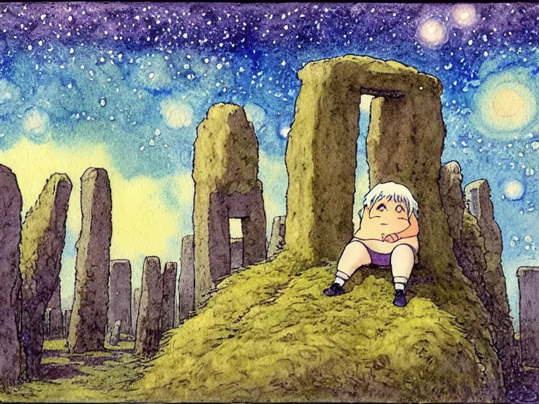 Prompt: a simple watercolor studio ghibli movie still fantasy concept art of a giant monnk sitting in a tiny stonehenge. it is a misty starry night. by rebecca guay, michael kaluta, charles vess