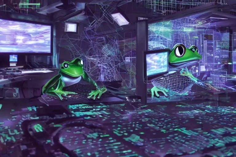 Image similar to cyborg - frog, surrounded by screens, in 2 0 5 5, y 2 k cybercore, industrial low - light photography, still from a ridley scott movie