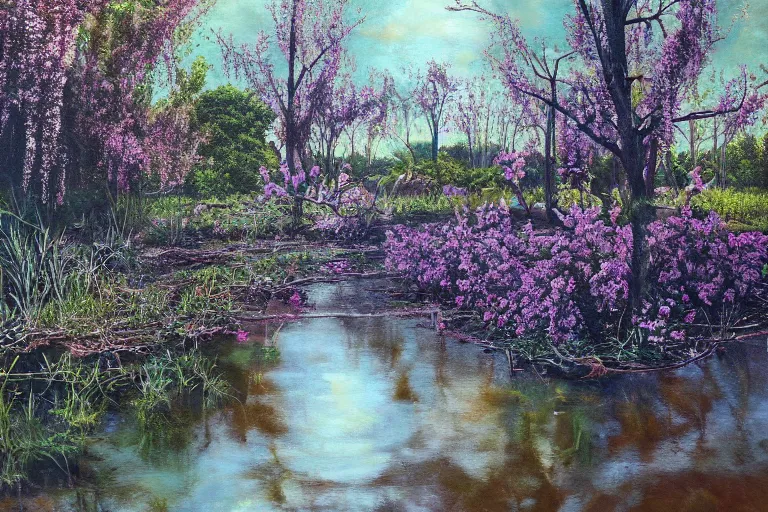 Image similar to hyperrealism oil painting, scene from louisiana swamps, spaceship sank, spring blooming flowers garden, true detective, 8 0 s japanese sci - fi books art