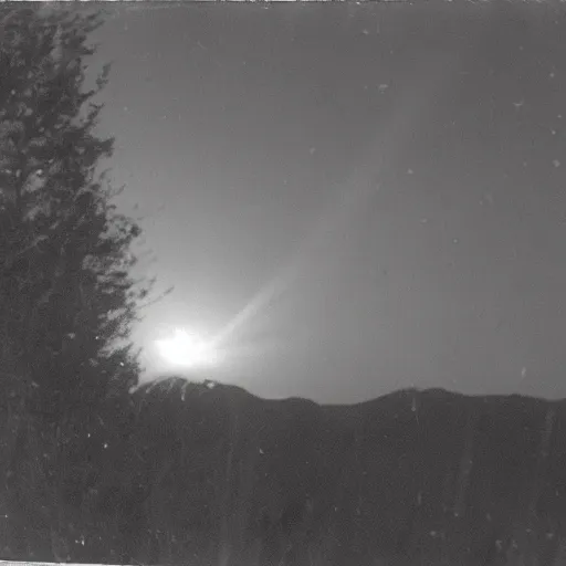 Image similar to a very bright flash in the sky, a large explosion in the distance, taken on a ww 2 camera, very high bloom ammount, realistic, the photograph is very dirty.