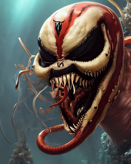 Image similar to underwater pirate portrait of venom, au naturel, hyper detailed, digital art, trending in artstation, cinematic lighting, studio quality, smooth render, unreal engine 5 rendered, octane rendered, art style by klimt and nixeu and ian sprigger and wlop and krenz cushart.