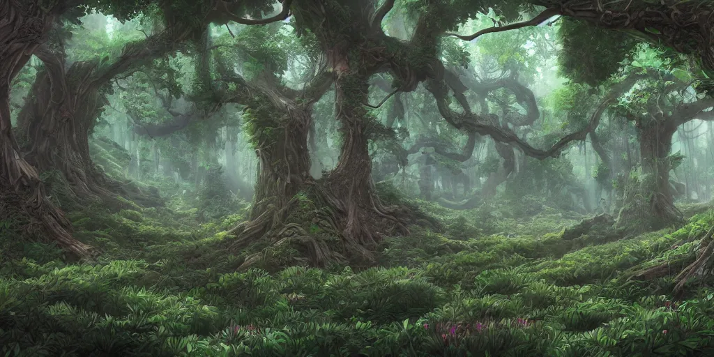 Image similar to beautiful and hyperrealistic lush spiraling forest with every tree species and every flower species, ominous atmosphere, Visual Novel key visual, award-winning digital art on Pixiv, trending on Artstation