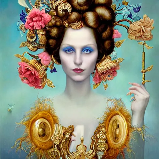 Prompt: portrait composition, a painting of a blue skinned woman with hair of flowers and peacock plummage wearing ornate earrings, a surrealist painting by tom bagshaw and jacek yerga and tamara de lempicka and jesse king, featured on cgsociety, pop surrealism, surrealist, dramatic lighting, wiccan, pre - raphaelite, ornate gilded details