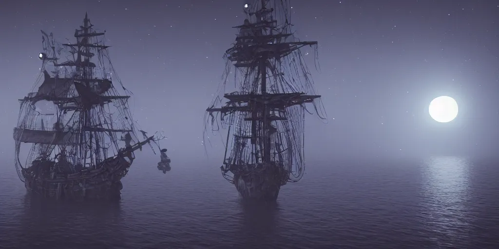 Image similar to ghost pirate ship at open sea at night, full moon behind it, 3 d art, octane render, 6 k, unreal engine,