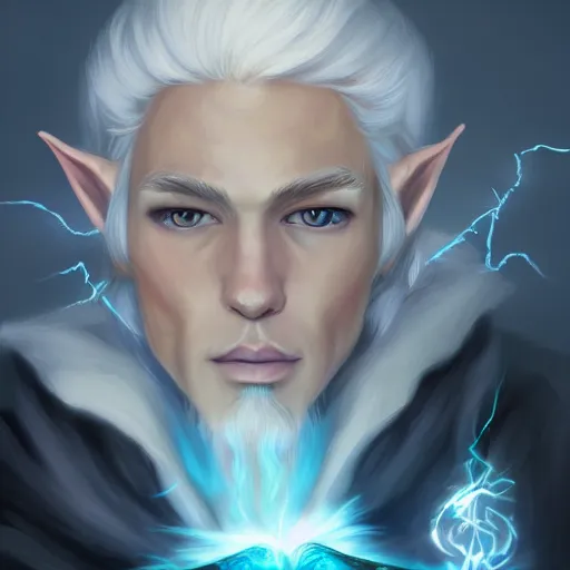 Image similar to Beautiful white haired aged fair skinned scholar elf with spell scroll and lightning background, realism, digital painting, detailed artwork, portrait, mythical, artstation