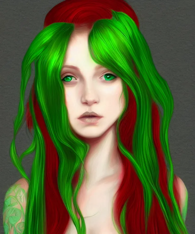 Prompt: Fae teenage girl, portrait, long red hair, green highlights, fantasy, intricate, elegant, highly detailed