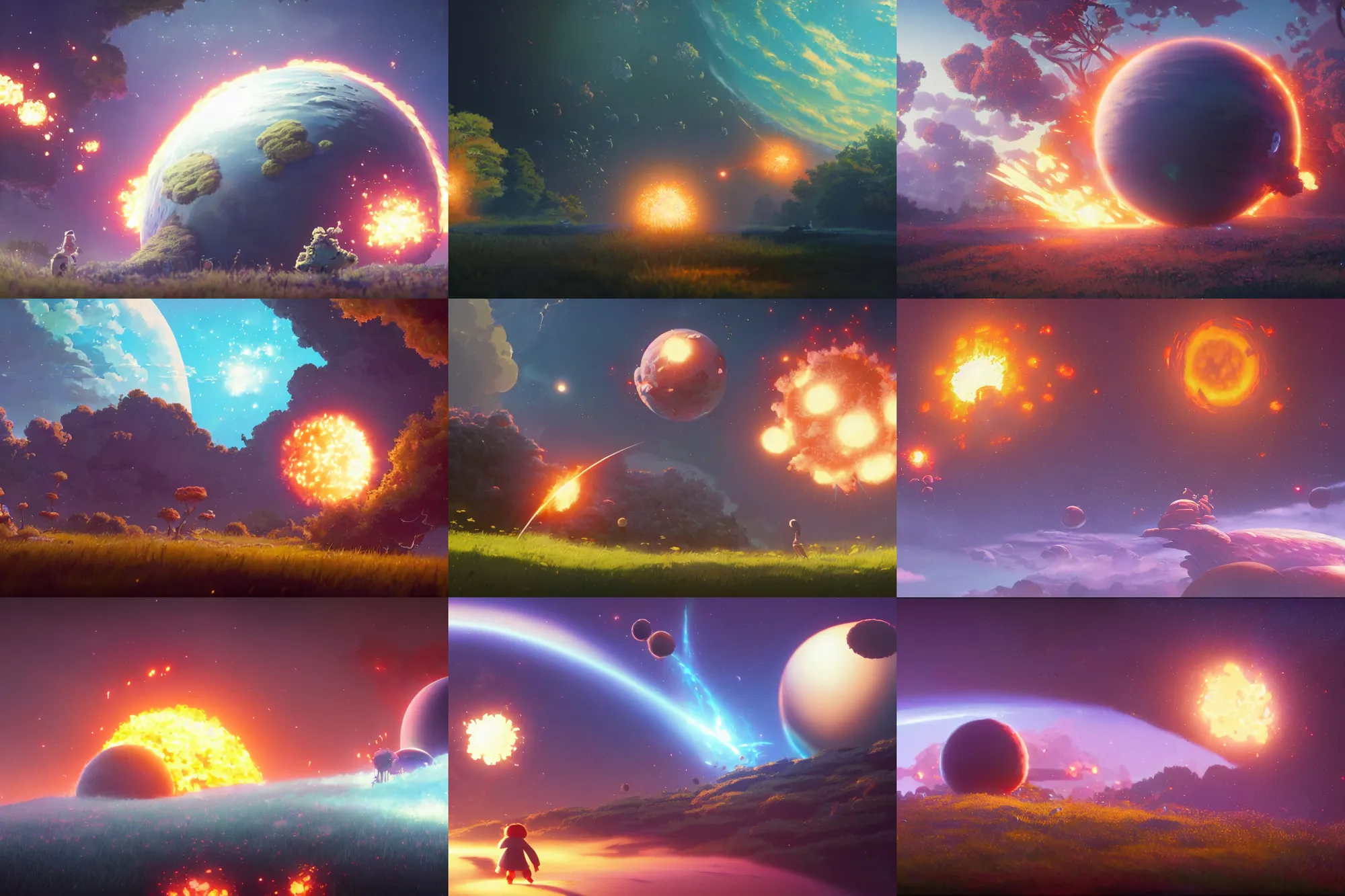 Prompt: a wholesome illustration of a planet exploding, studio Ghibli, Pixar and Disney animation, sharp, Rendered in Redshift and Unreal Engine 5 by Greg Rutkowski, Bloom, dramatic lighting