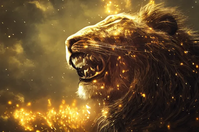 Image similar to Furious lion roars against golden sparks, black smoke, Anime, cyberpunk, gothic, dark fantasy, art, 4k,