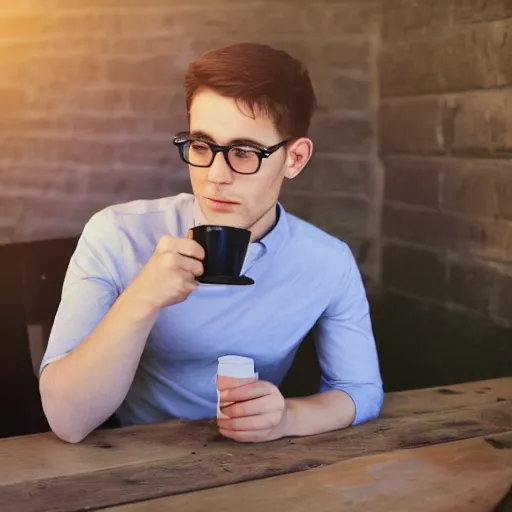 Prompt: A young man with glasses drinking coffee in a sunlit room