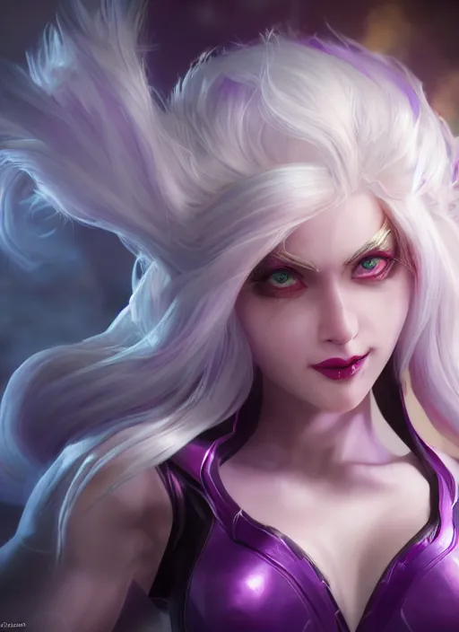 Image similar to smiling syndra, from league of legends, white hair, purple magic, hyper detailed, digital art, au naturel, with abs, trending in artstation, cinematic lighting, studio quality, smooth render, unreal engine 5 rendered, octane rendered, art style by klimt and nixeu and ian sprigger and wlop and krenz cushart