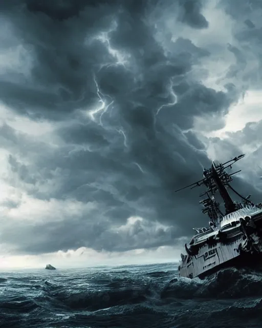 Image similar to scifi action scene of a fishing boat on stormy seas, a gigantic star destroyer spaceship flying overhead, the gigantic star destroyer spaceship is emerging from storm clouds, sunset lighting, stormy weather, dramatic lighting, unreal engine, hyper realism, realistic shading, cinematic composition, realistic render, octane render, detailed textures, photorealistic, ultrawide shot, 1 6 mm lens