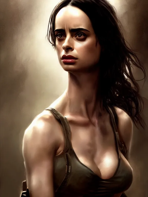 Image similar to krysten ritter as a rambo, digital painting, extremely detailed, 4 k, intricate, brush strokes, mark arian, artgerm, bastien lecouffe - deharme