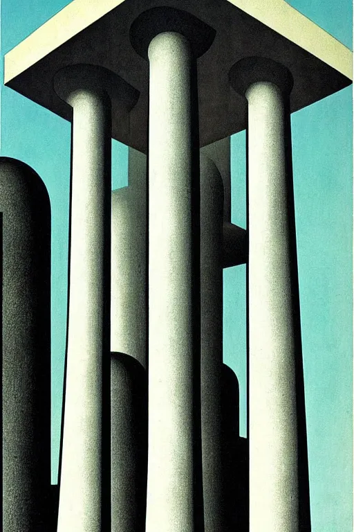 Prompt: Bauhaus Poster by Richard Corben, by René Magritte, greek doric column brutalist spomenik structure, surrealism