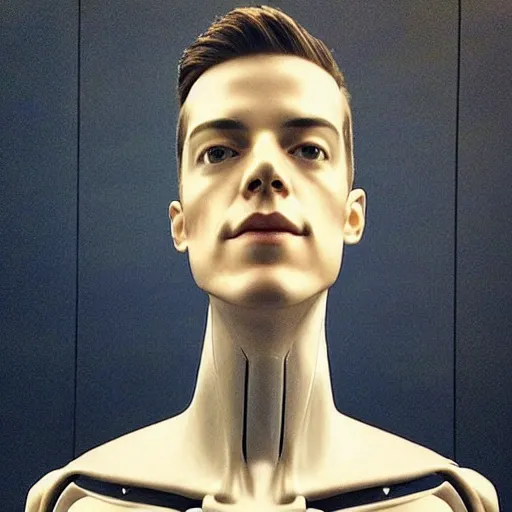 Image similar to “a realistic detailed photo of a guy who is an attractive humanoid who is half robot and half humanoid, who is a male android, actor Grant Gustin, shiny skin, posing like a statue, blank stare, at the museum, on display”