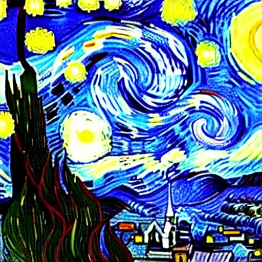 Image similar to van goh a starry night with kittens staring at the moon