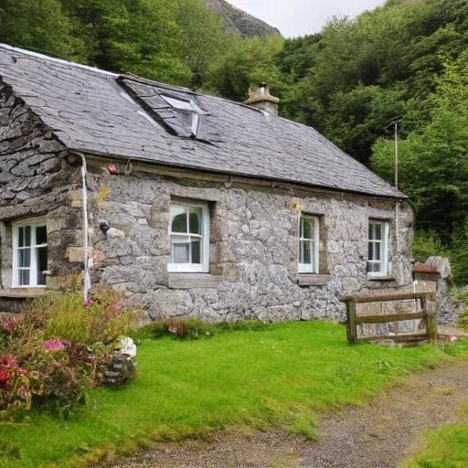 Prompt: cozy cottage in beautiful rolling scottish highlands, hygge