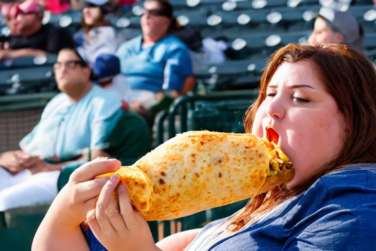 Image similar to obese woman eating a giant burrito sitting at a baseball game, photograph,