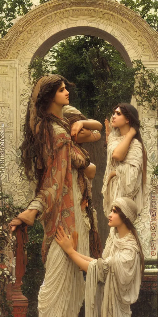 Image similar to at the gate of the temple by john william godward painted by alphonse mucha