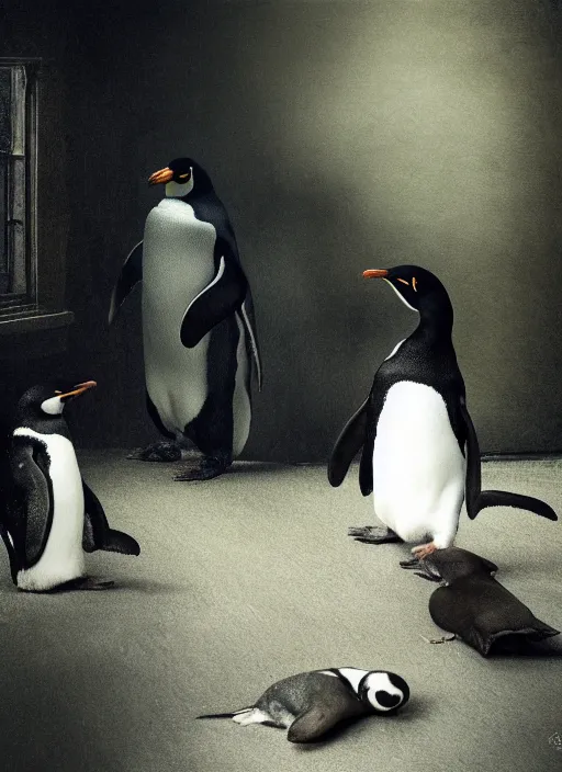 Image similar to penguin, in the style of the Dutch masters and Gregory Crewdson, dark and moody