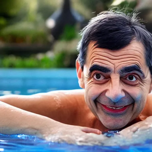 Prompt: mr bean swimming in a pool full of beans