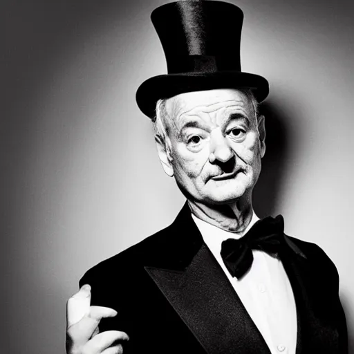 Prompt: black and white mugshot, bill murray, he is wearing a top hat, tiny hat, wearing bandit mask, bow tie bandit, mexico noir