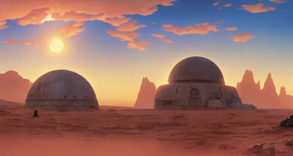 Image similar to beautiful wide shot tatooine landscape, Luke skywalker sunset, dome, Star Wars a new hope 1977, studio ghibli, Miyazaki, Greg rutkowski, Alphonse mucha, Moebius , animation, golden hour, highly detailed, hdr, vivid color, 70mm