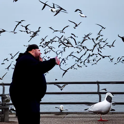 Image similar to a fat man eating a bagel while seagulls yell at him, award winning photograph, 8k,