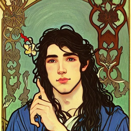 Image similar to painting of young handsome beautiful paladin elf!! man with long! wavy dark hair in his 2 0 s named taehyung minjun at the blueberry party, wearing armor!, long hair, elf ears, elegant, clear, painting, stylized, delicate, soft facial features, art, art by alphonse mucha, vincent van gogh, egon schiele,