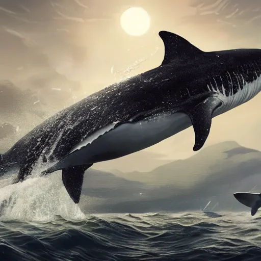Image similar to a whale fighting a shark, dramatic lighting, illustration by Greg rutkowski, yoji shinkawa, 4k, digital art, concept art, trending on artstation