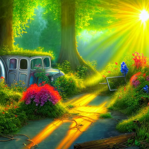 Image similar to A painting of a junk yard in the forest overgrown, with some pretty colorful flowers and ivy, sunrise with sun rays through the trees, detailed, realistic digital art,