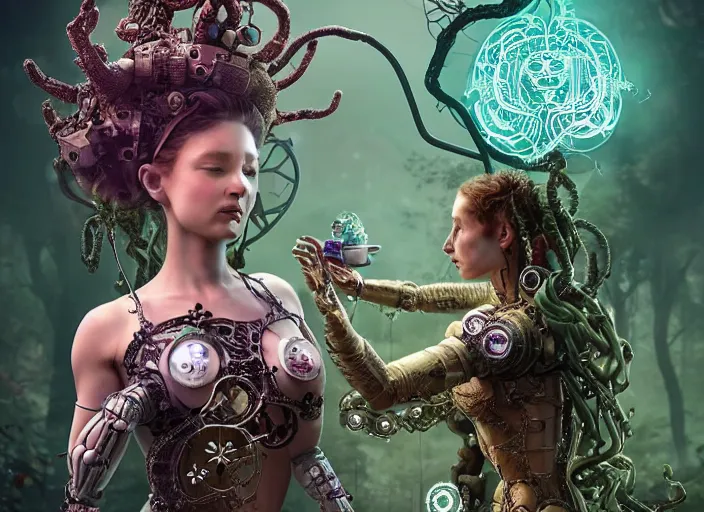 Image similar to intricate mechanical fairy with visible gears having tea with a cyborg gorgon medusa in a magical forest. Very detailed 8k. Fantasy cyberpunk horror. Sharp. Cinematic post-processing