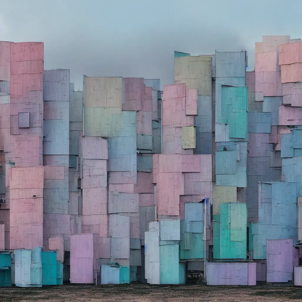 Image similar to two towers made up of colourful makeshift squatter shacks, pastel tones, plain uniform sky at the back, misty, mamiya rb 6 7, ultra sharp, very detailed, photographed by zaha hadid