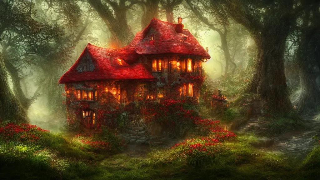 Prompt: fantasy multistorey red toadstool cottage growing in magical forest, foggy atmosphere, volumetric lighting, fantasy artwork, very beautiful scenery, very realistic painting effect, hd, hdr, cinematic 4k wallpaper, 8k, ultra detailed, high resolution