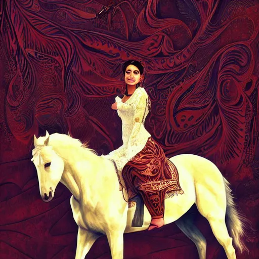 Prompt: full body shot of a beautiful young kurdish woman riding a beautiful white horse in the kurdish mountains art by martin ansin, highly detailed, 8 k, high resolution, award winning art, incredibly intricate, beautiful and symmetrical face