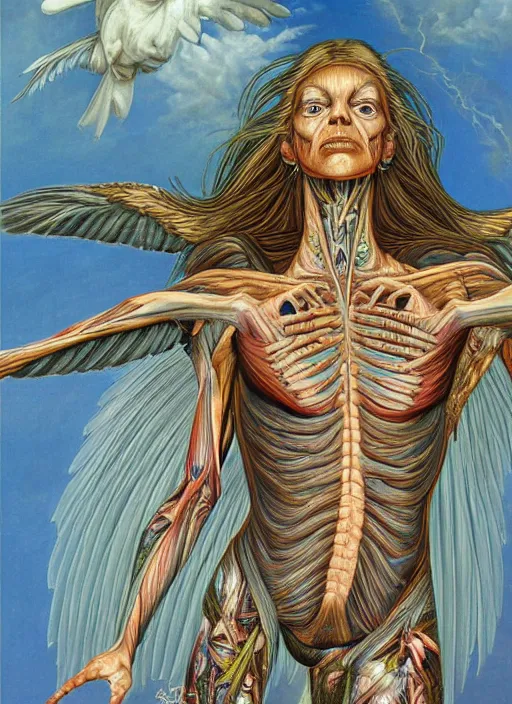 Image similar to an anatomical oil painting of a Harpy from a medical journal by Alex Grey and Julie Bell, highly detailed, high detail, 8k, storm clouds, birds, dramatic lighting