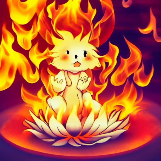 Prompt: fluffy popcorn anime character with a smiling face and flames for hair, sitting on a lotus flower, clean composition, symmetrical